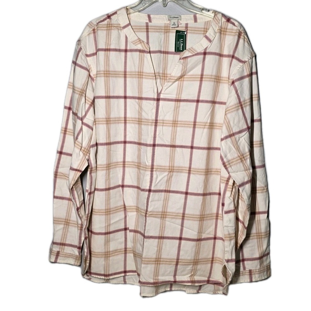 NWT LL Bean Shirt Women XL Natural Color Whisperweight Flannel Popover Plaid Top